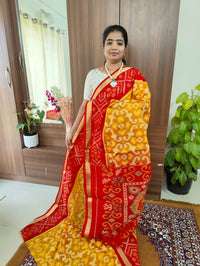 Mustard Yellow with Red Pallu Pochampally Ikkat Silk Cotton (SICO Pattu)