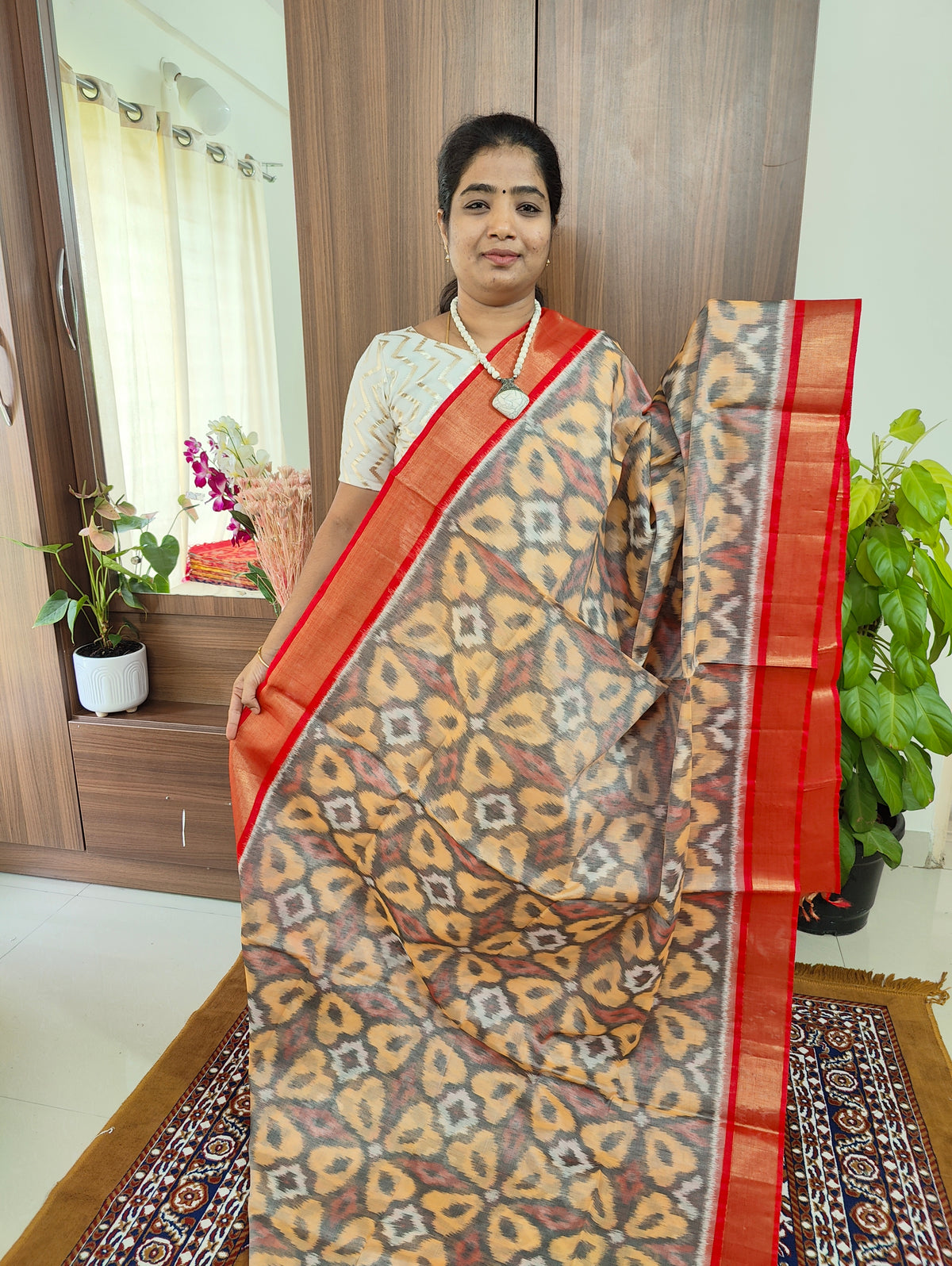 Grey with Red Pochampally Ikkat Silk Cotton (SICO Pattu)