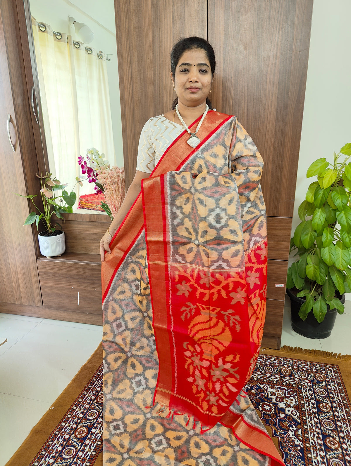 Grey with Red Pochampally Ikkat Silk Cotton (SICO Pattu)