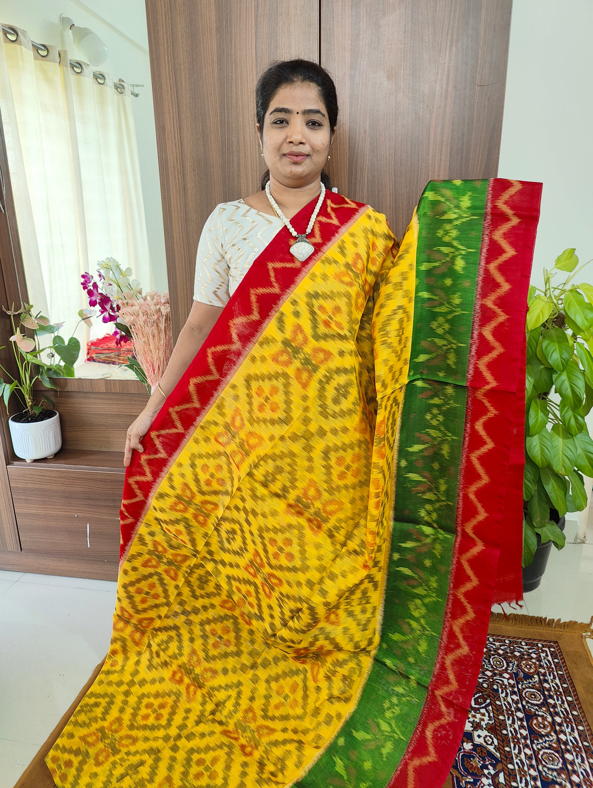 Yellow with Red Pallu Pochampally Ikkat Silk Cotton (SICO Pattu)