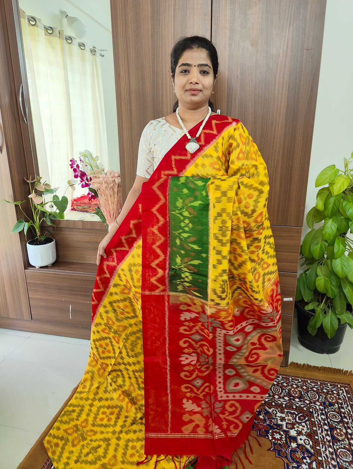 Yellow with Red Pallu Pochampally Ikkat Silk Cotton (SICO Pattu)