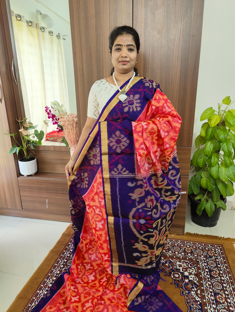 Peachish Pink with Blue Purple Pallu Pochampally Ikkat Silk Cotton (SICO Pattu)