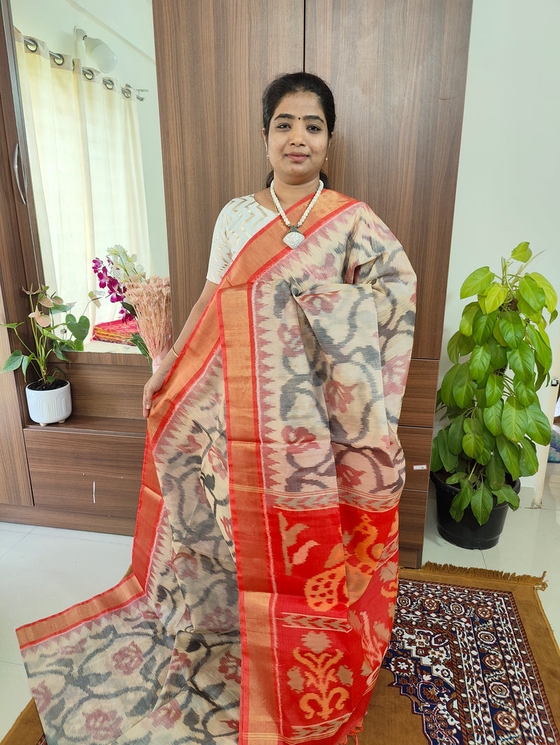 Cream with Reddish Orange Shade Pochampally Ikkat Silk Cotton (SICO Pattu)