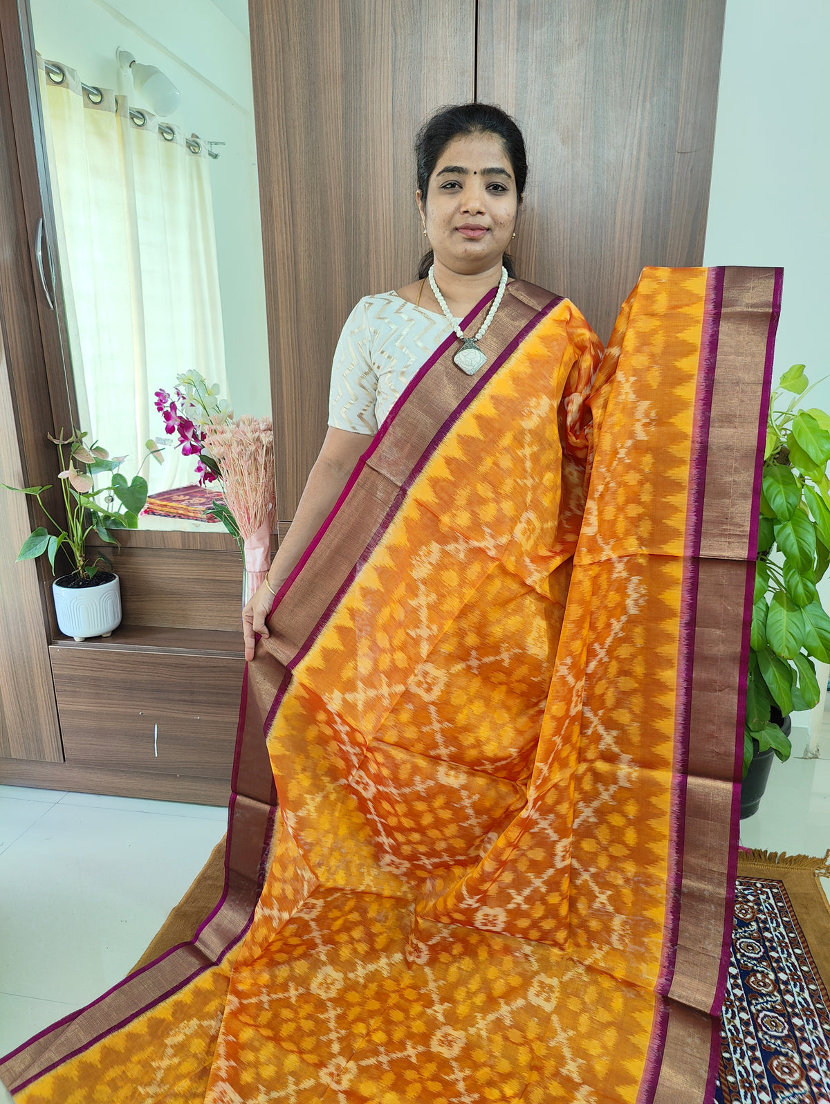 Mustrd Yellow with Dark Purple Pochampally Ikkat Silk Cotton (SICO Pattu)