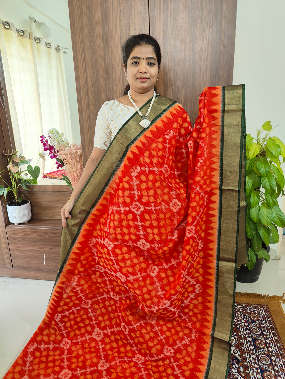 Dark Orange with Dark Green Pochampally Ikkat Silk Cotton (SICO Pattu)