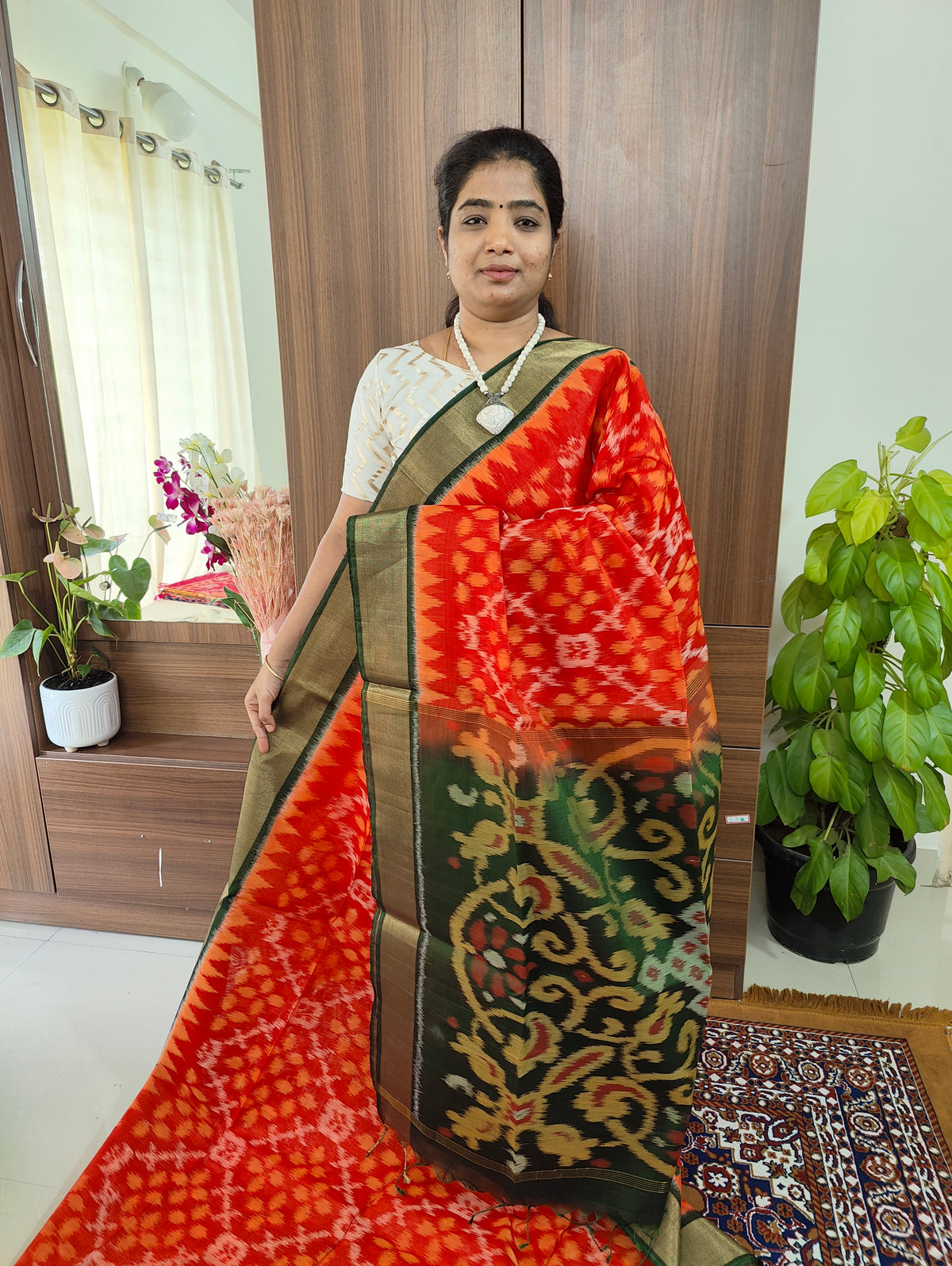 Dark Orange with Dark Green Pochampally Ikkat Silk Cotton (SICO Pattu)