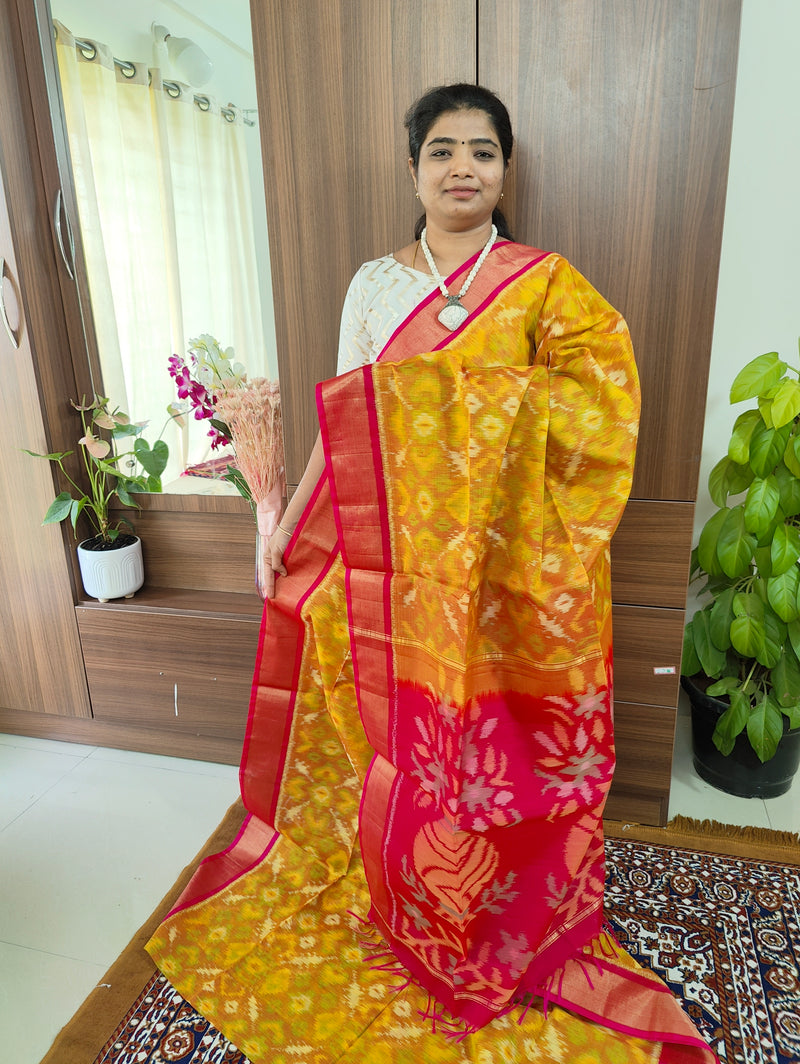 Mustard Yellow with Pink Pochampally Ikkat Silk Cotton (SICO Pattu)