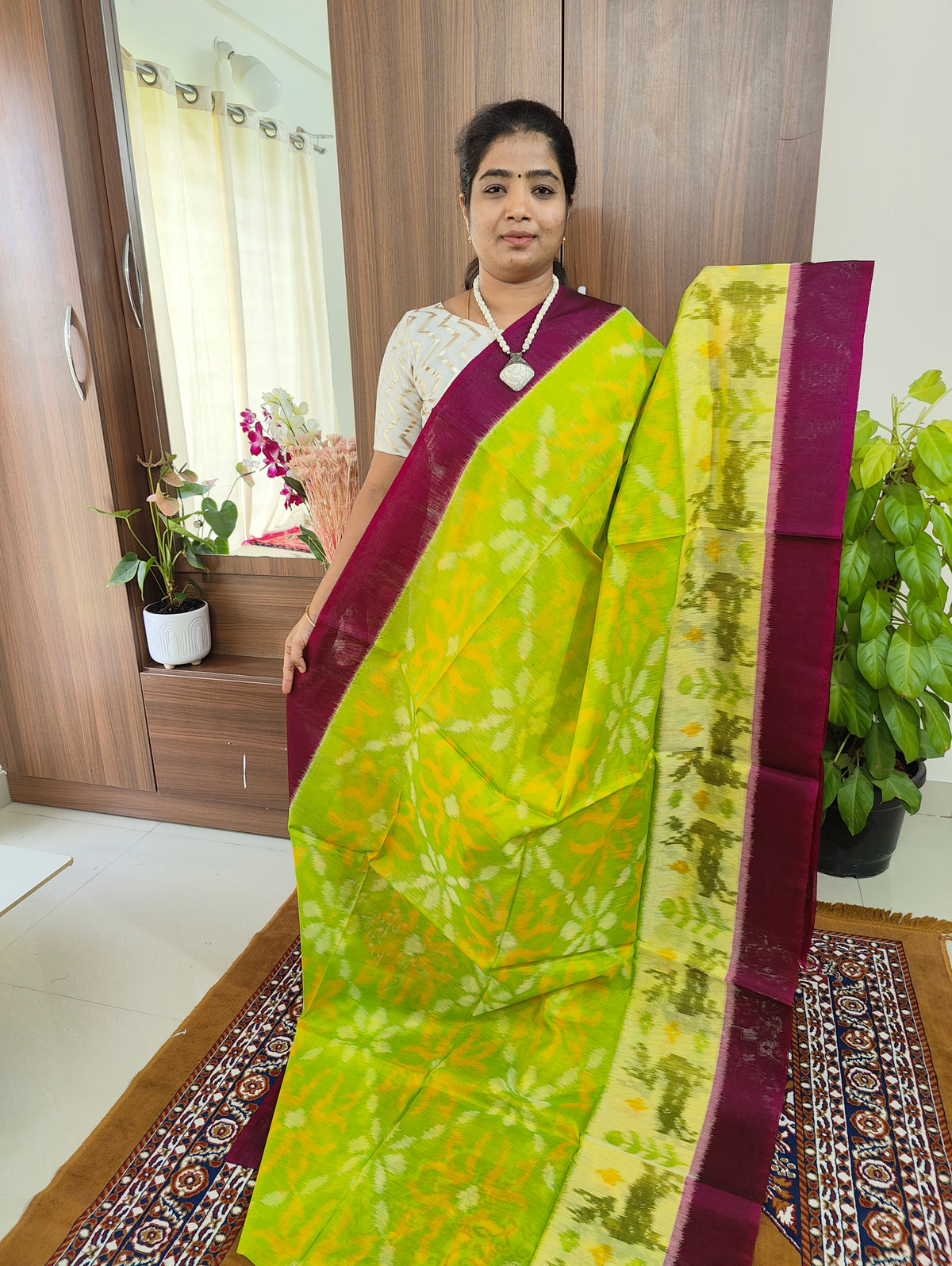 Green with Dark Purple Pallu Pochampally Ikkat Silk Cotton (SICO Pattu)