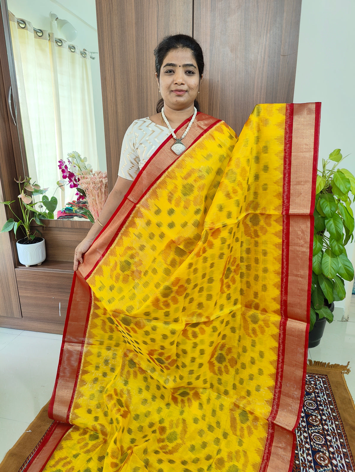 Yellow with Red Pochampally Ikkat Silk Cotton (SICO Pattu)