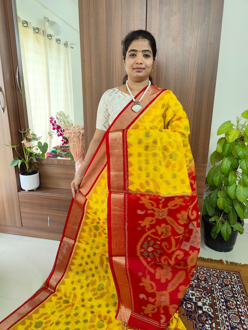 Yellow with Red Pochampally Ikkat Silk Cotton (SICO Pattu)