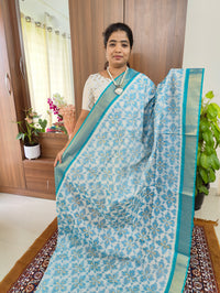 White with Sky Blue Pallu Pochampally Ikkat Silk Cotton (SICO Pattu)