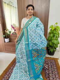 White with Sky Blue Pallu Pochampally Ikkat Silk Cotton (SICO Pattu)