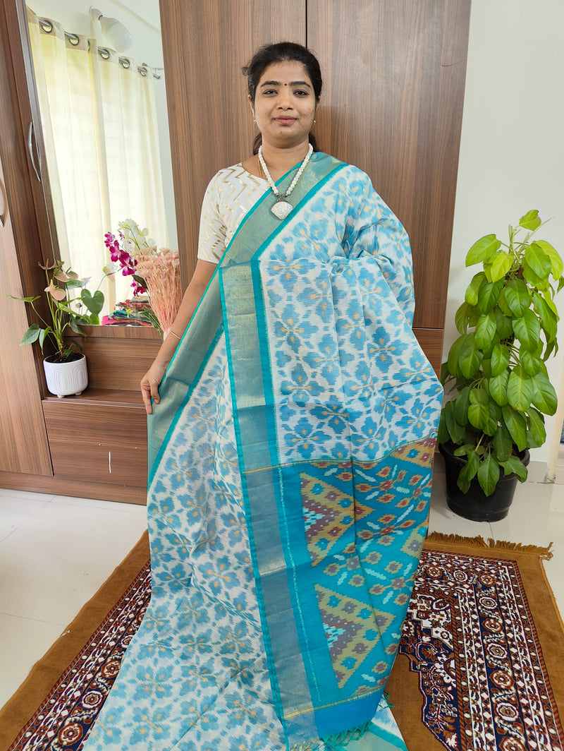 White with Sky Blue Pallu Pochampally Ikkat Silk Cotton (SICO Pattu)