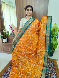 Orange with Peacock Green Pallu Pochampally Ikkat Silk Cotton (SICO Pattu)