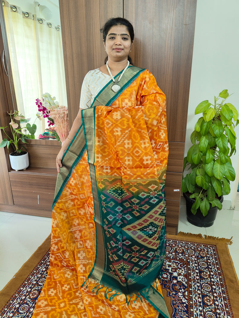 Orange with Peacock Green Pallu Pochampally Ikkat Silk Cotton (SICO Pattu)