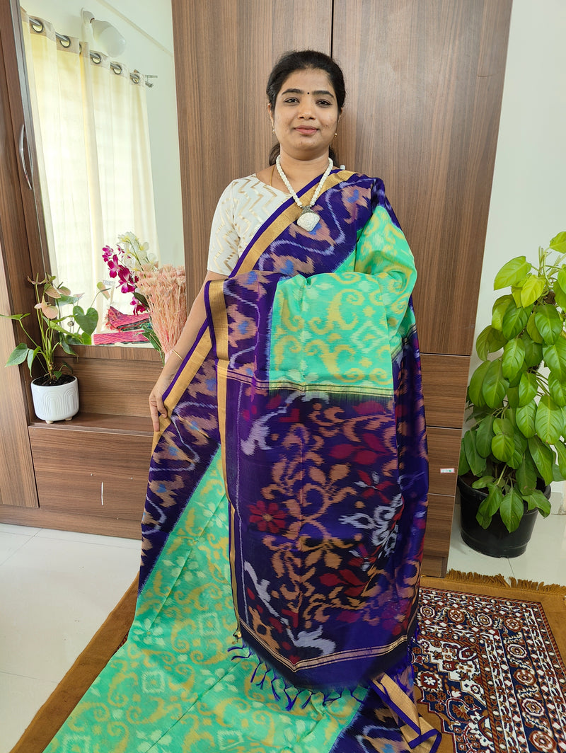 Sea Green with Dark Violet Pallu Pochampally Ikkat Silk Cotton (SICO Pattu)