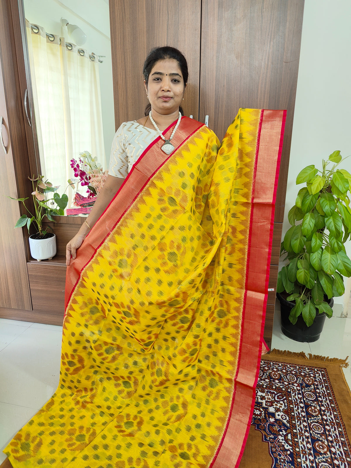 Yellow with Pink Pochampally Ikkat Silk Cotton (SICO Pattu)