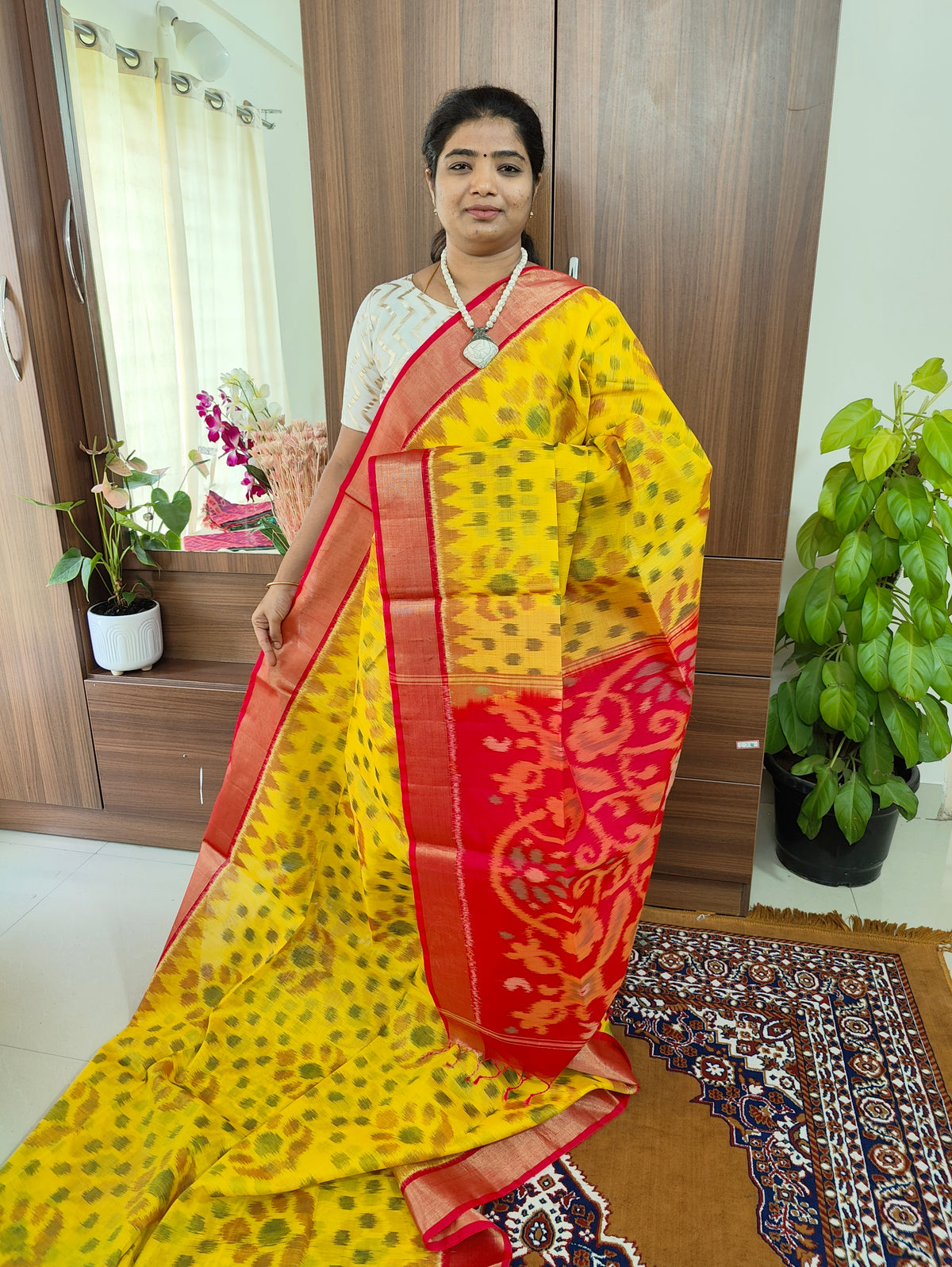 Yellow with Pink Pochampally Ikkat Silk Cotton (SICO Pattu)