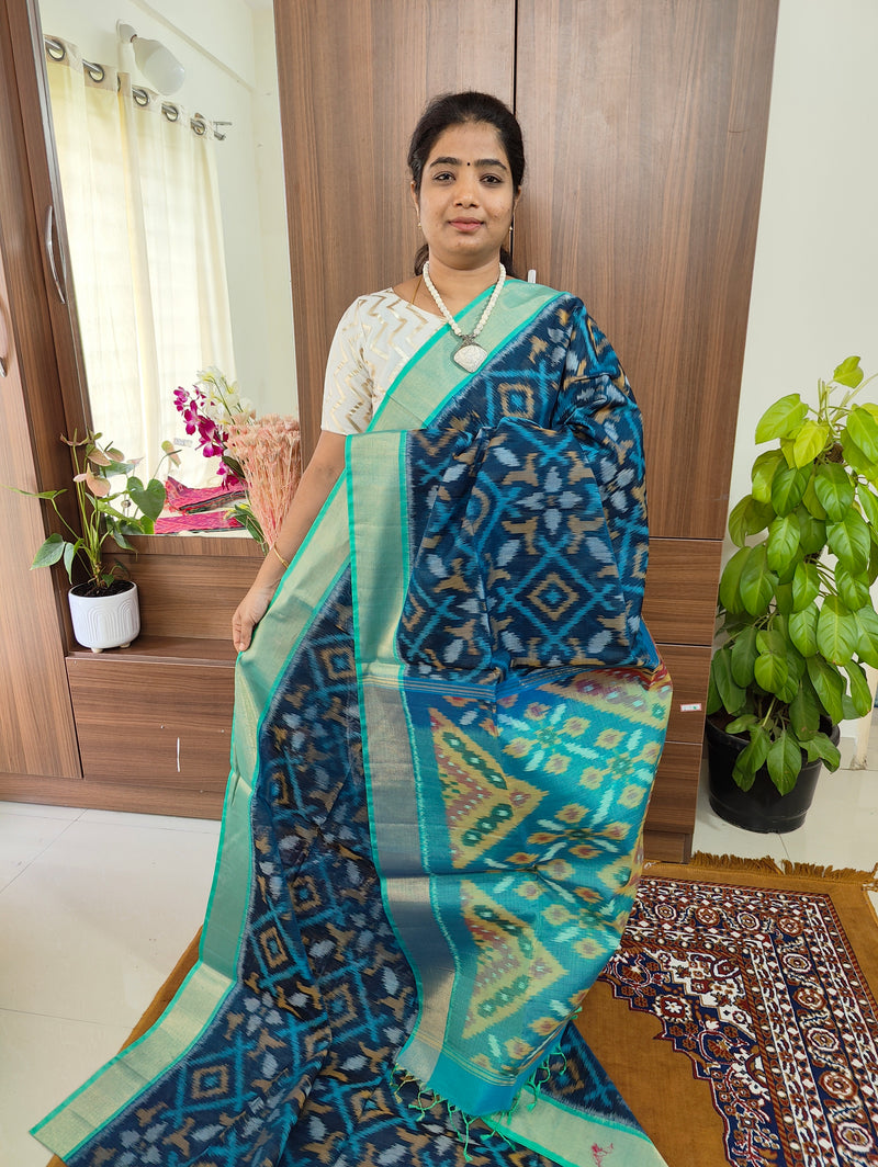 Peacock Blue with Sky Blue  Pochampally Ikkat Silk Cotton - (SICO Pattu)