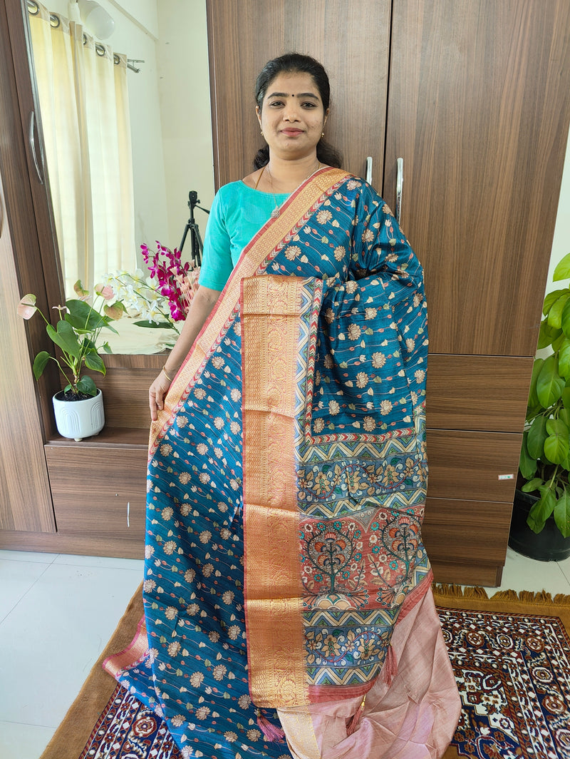 Semi Kosa Silk Saree with Kalamkari Print - Peacock Blue