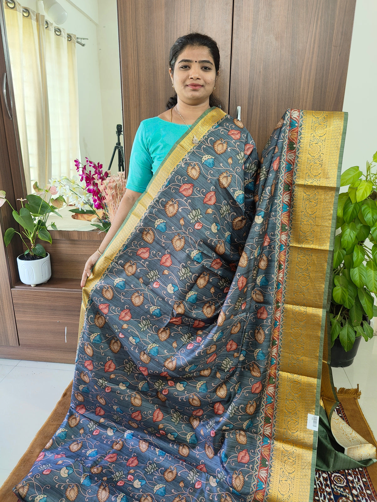 Semi Kosa Silk Saree with Kalamkari Print - Grey