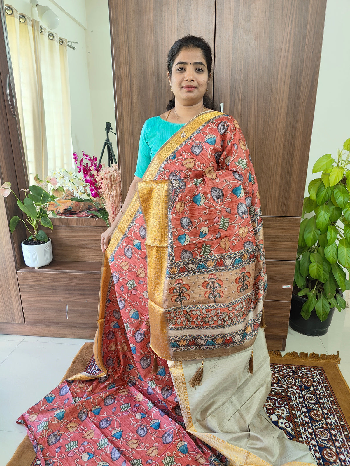 Semi Kosa Silk Saree with Kalamkari Print - Peachish Red