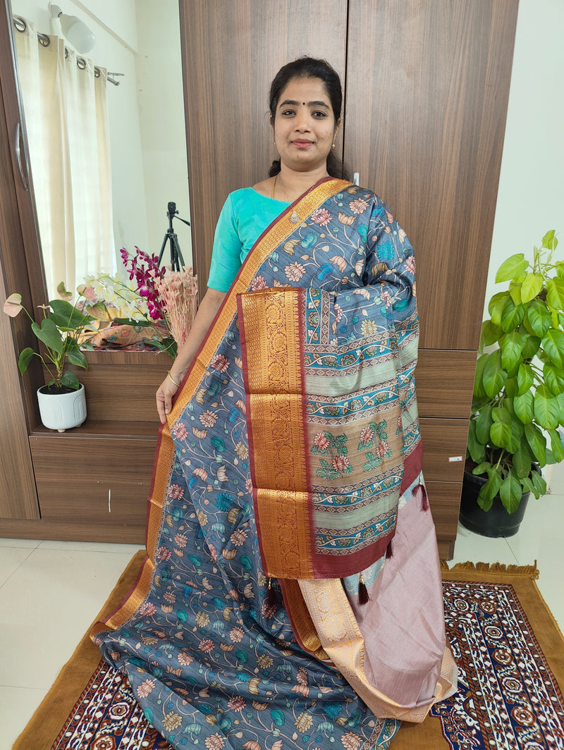 Semi Kosa Silk Saree with Kalamkari Print - Grey