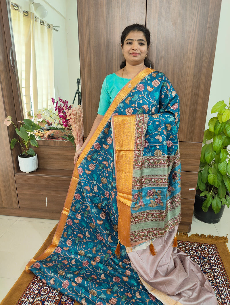 Semi Kosa Silk Saree with Kalamkari Print - Peacock Blue