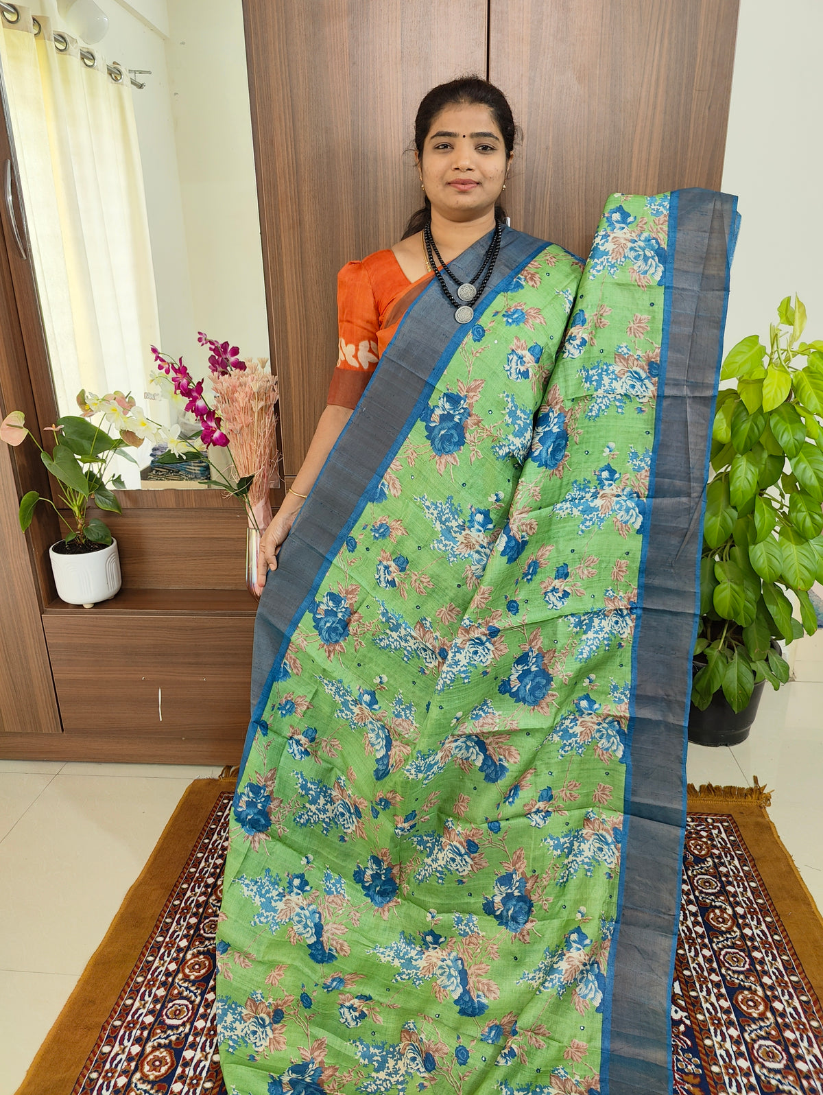 Green with Blue Floral Print Pure Handwoven Tussar Silk Saree with Cut Work Pallu