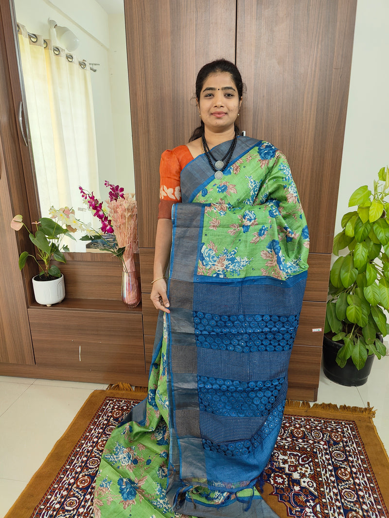 Green with Blue Floral Print Pure Handwoven Tussar Silk Saree with Cut Work Pallu