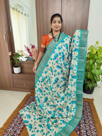 Cream with Blue Floral Print Pure Handwoven Tussar Silk Saree with Cut Work Pallu