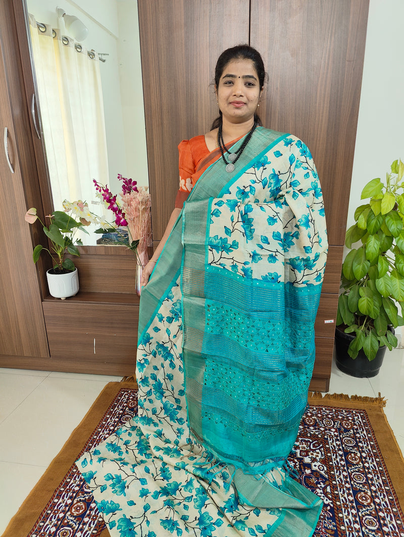 Cream with Blue Floral Print Pure Handwoven Tussar Silk Saree with Cut Work Pallu