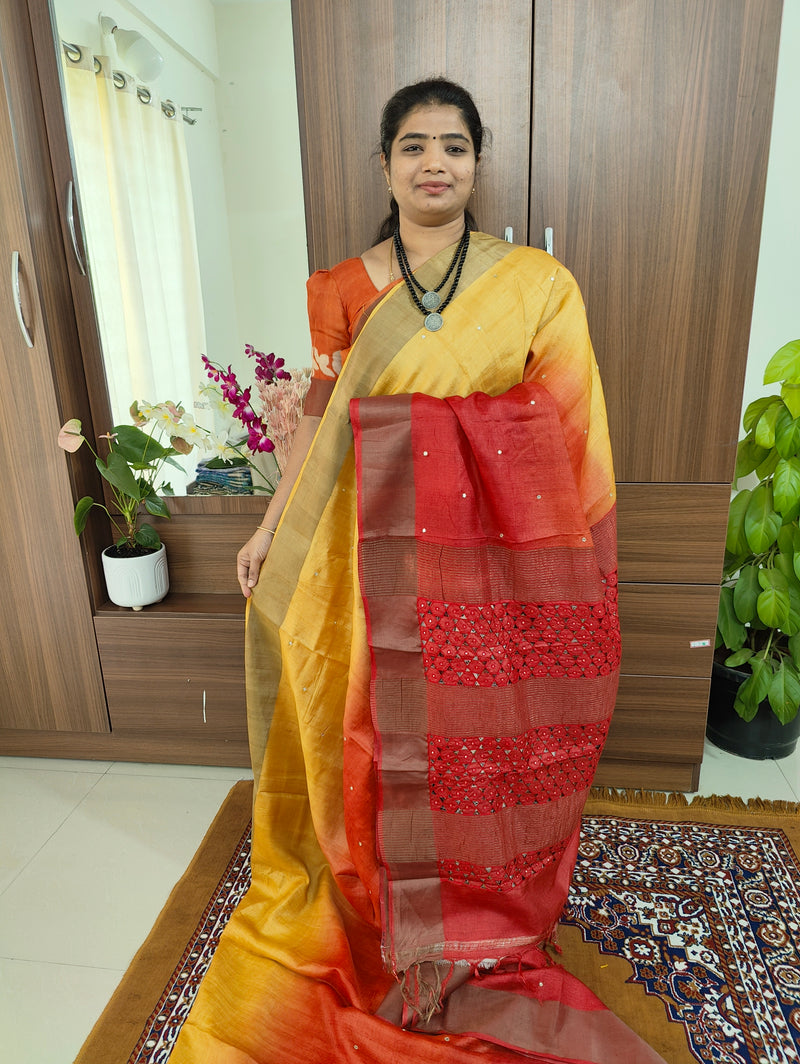 Yellow and Red Pure Handwoven Tussar Silk Saree with Cut Work Pallu and Ajark Printed Blouse