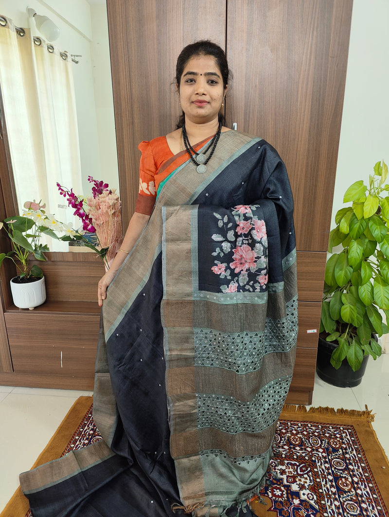 Black with Grey Floral Print Pure Handwoven Tussar Silk Saree with Cut Work Pallu