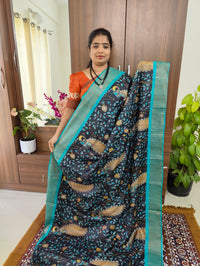 Black with Sky Blue Floral & Peacock Print Pure Handwoven Tussar Silk Saree with Cut Work Pallu