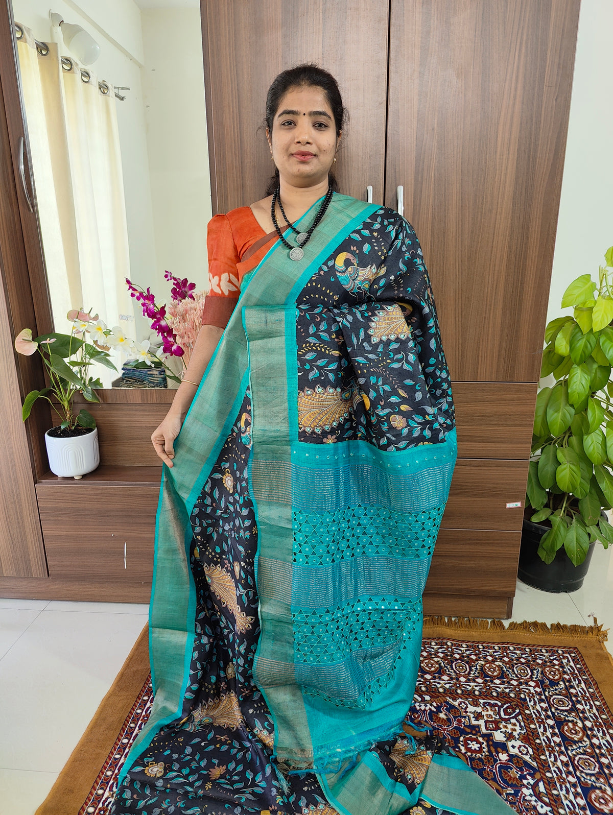 Black with Sky Blue Floral & Peacock Print Pure Handwoven Tussar Silk Saree with Cut Work Pallu