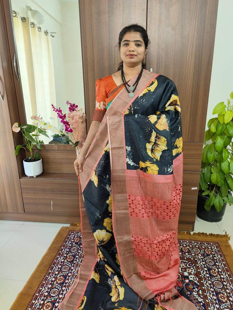 Black with Peach  Floral Print Pure Handwoven Tussar Silk Saree with Cut Work Pallu