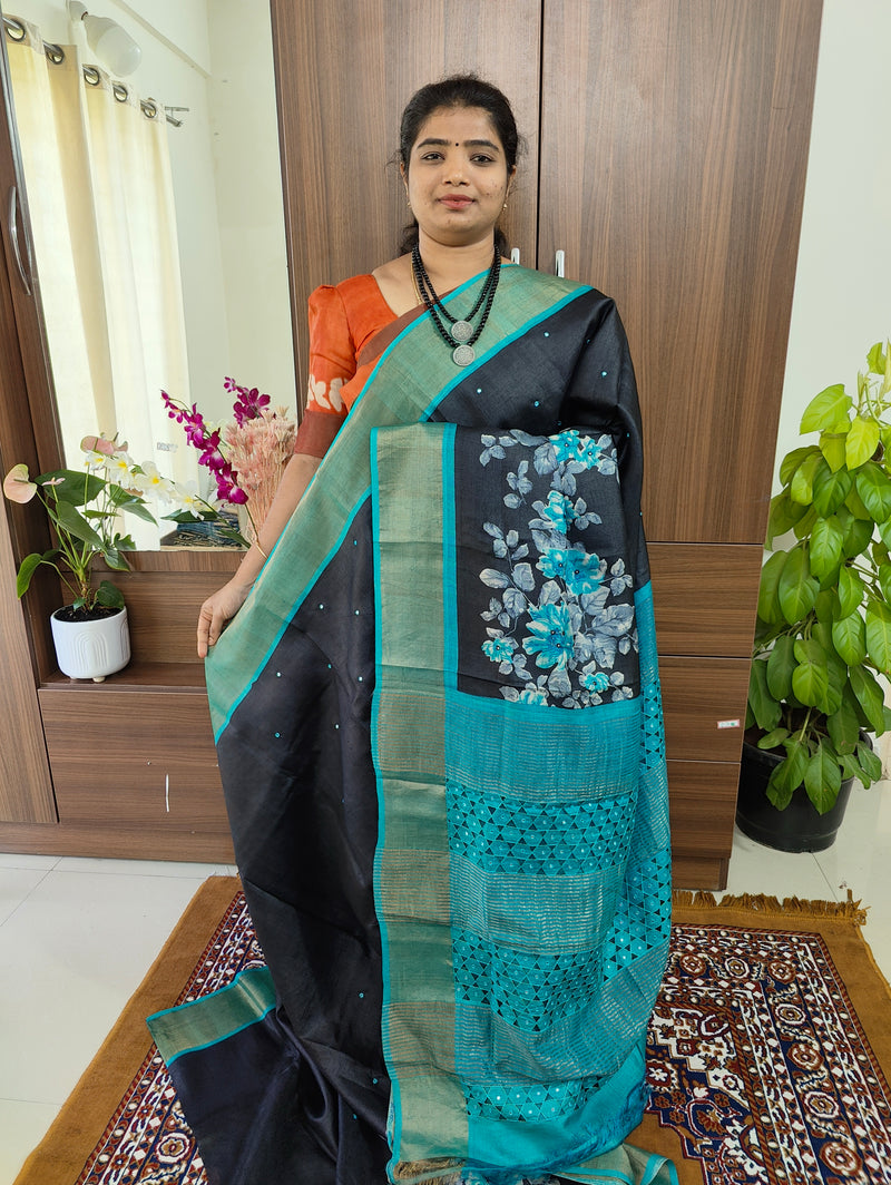 Black with Sky Blue Floral Print Pure Handwoven Tussar Silk Saree with Cut Work Pallu