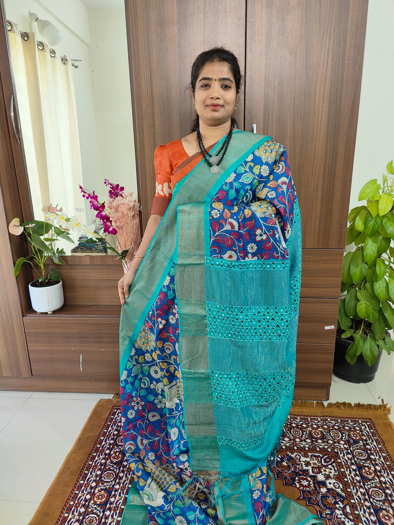 Dark Blue with Sky Blue Floral & Peacock Print Pure Handwoven Tussar Silk Saree with Cut Work Pallu