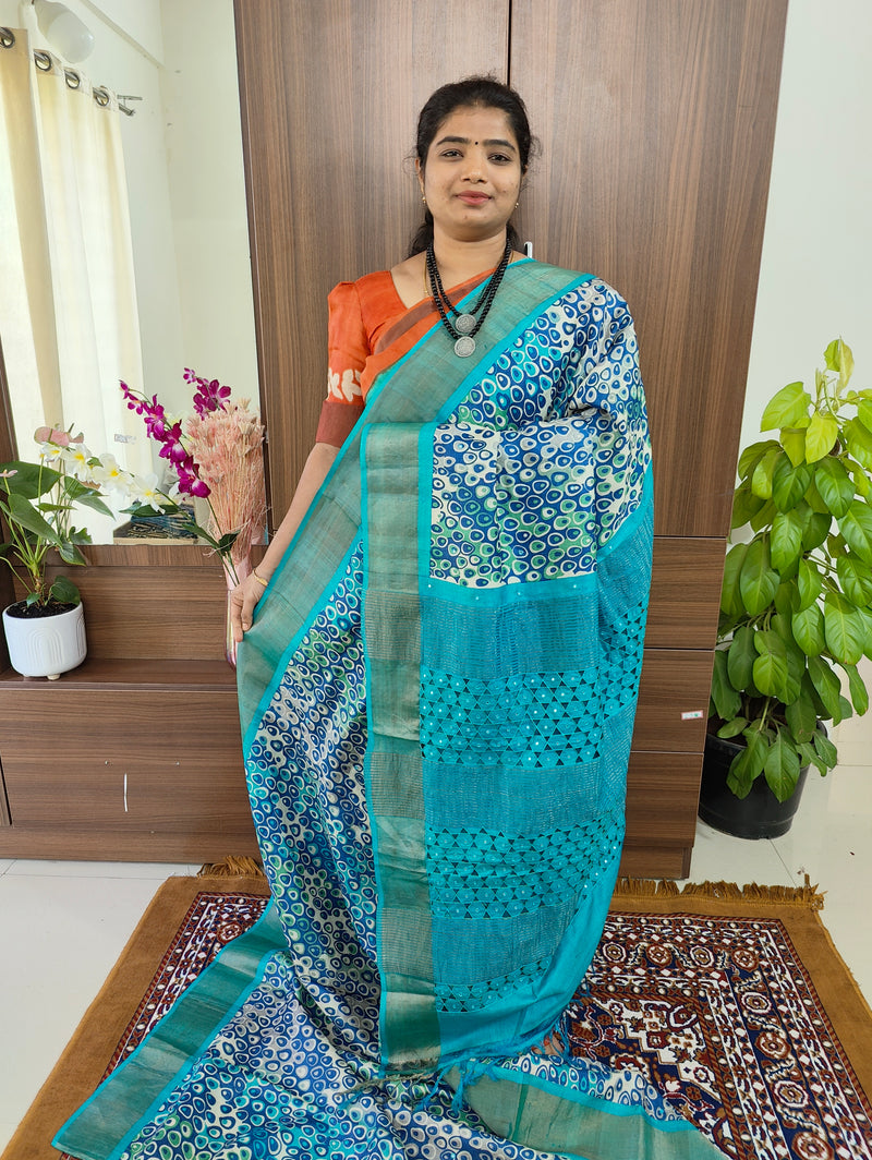 Multi Blue Shade Floral Print Pure Handwoven Tussar Silk Saree with Cut Work Pallu