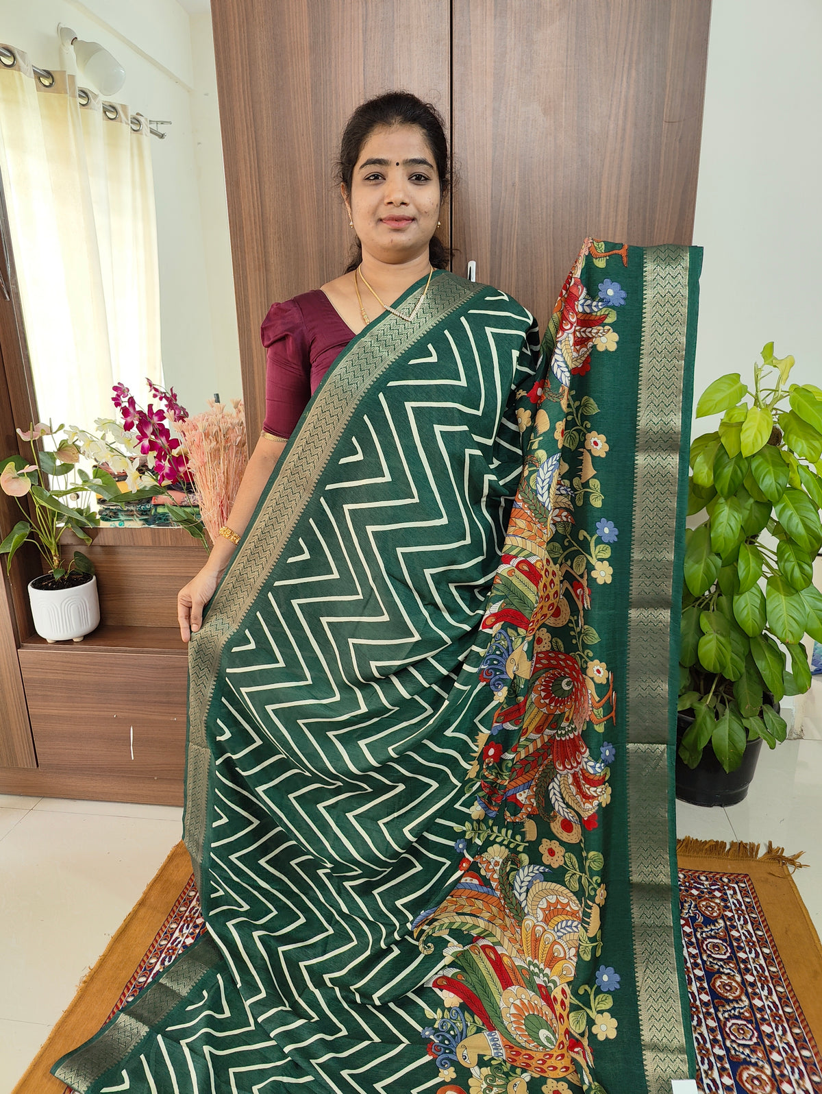 Semi Tussar Georgette with Zari Woven Saree Border -  Bottle Green