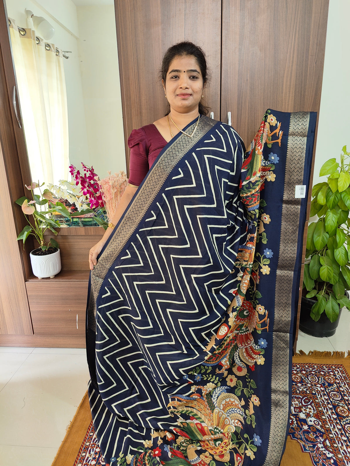 Semi Tussar Georgette with Zari Woven Saree Border -  Navy Blue