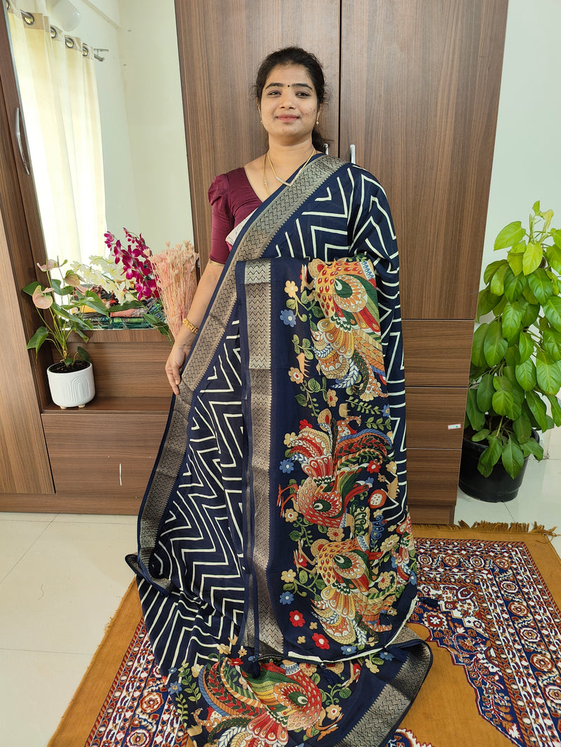 Semi Tussar Georgette with Zari Woven Saree Border -  Navy Blue