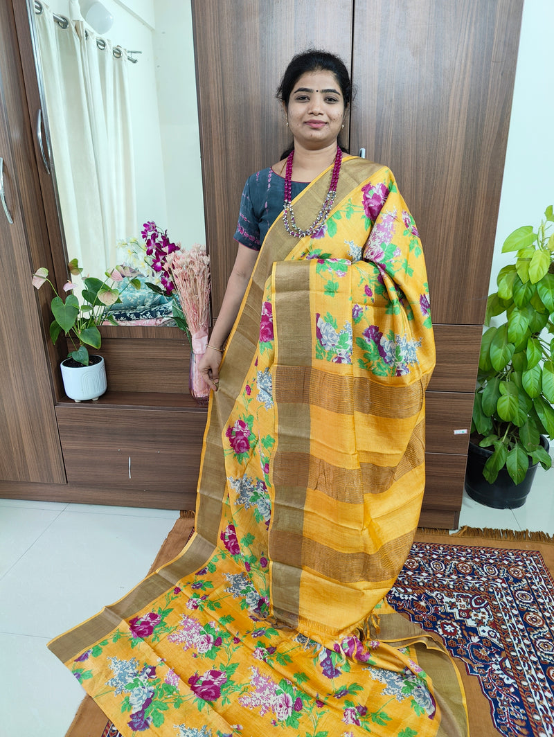 Yellow Floral Print Pure Handwoven Tussar Silk Saree with Zari Border