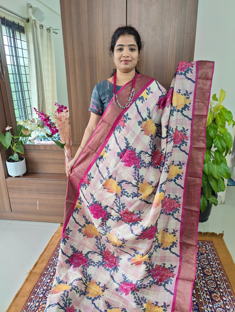 Cream with Pink Floral Print with Beautiful Checks Pure Handwoven Tussar Silk Saree with Zari Border