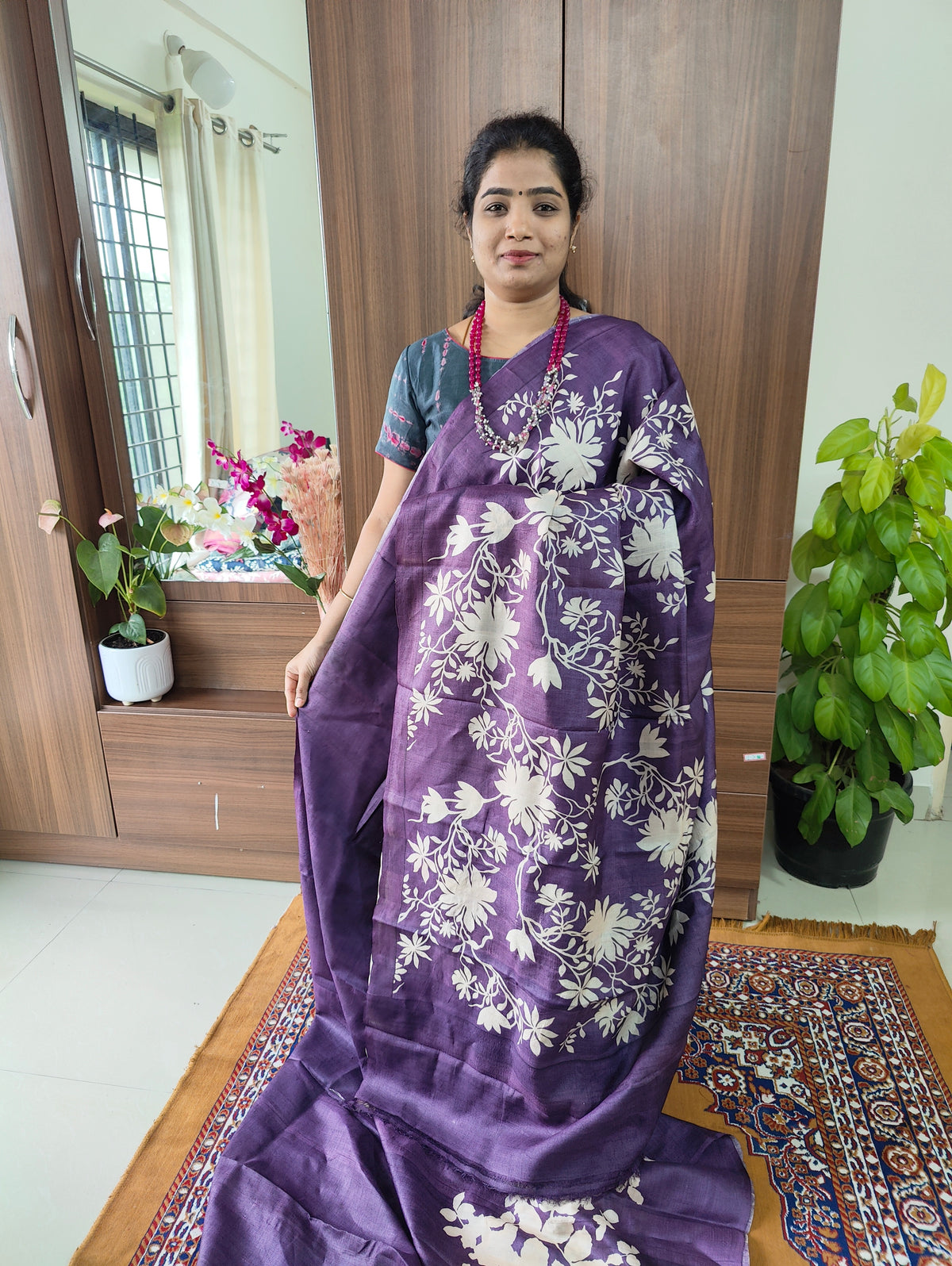 Monochrome Dark Purple Pure Handwoven Tussar Silk Saree without Zari Border