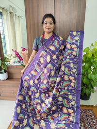 Monochrome Violet Pure Handwoven Tussar Silk Saree without Zari Border and Ajrak Blouse and Pallu