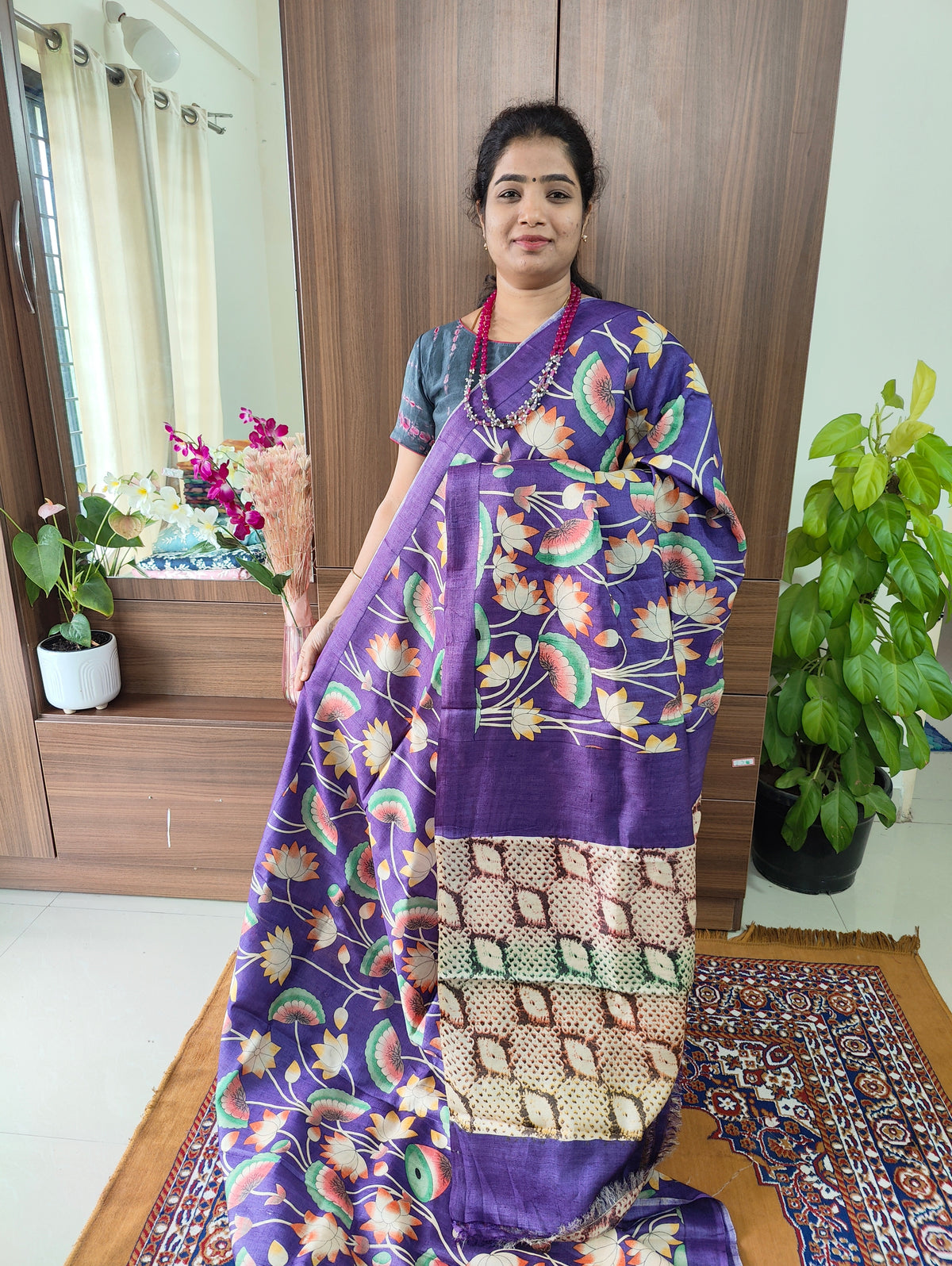 Monochrome Violet Pure Handwoven Tussar Silk Saree without Zari Border and Ajrak Blouse and Pallu