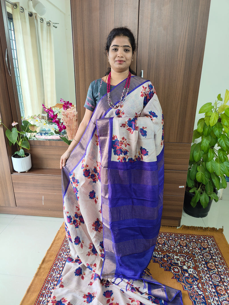 Cream with Violet Floral Prints with Beautiful Stripes Pure Handwoven Tussar Silk Saree with Zari Border