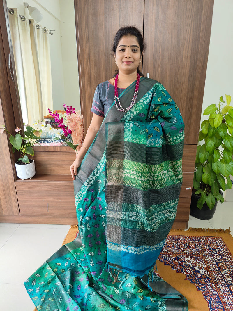 Dark Green Leaf Prints with Beautiful Stripes Pure Handwoven Tussar Silk Saree with Zari Border